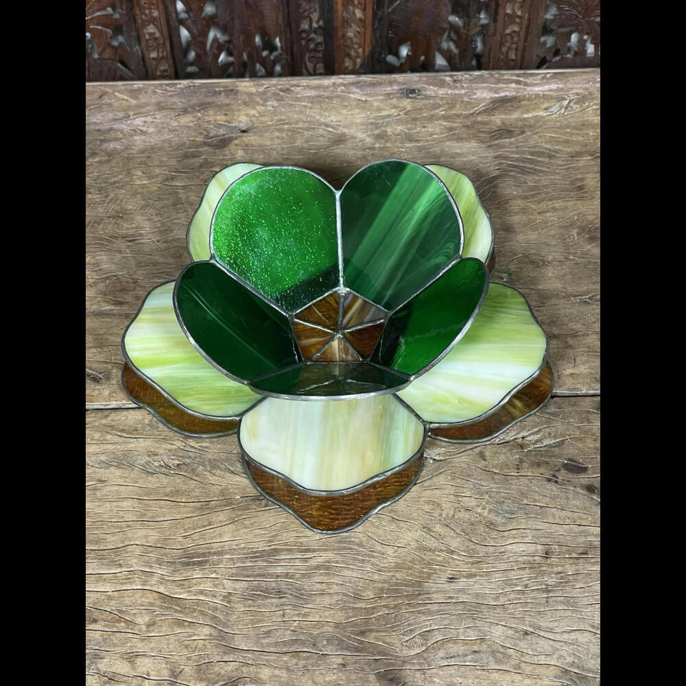 Open Lotus Stained Glass Flower Garden Tea light Candle Holder Greens & Amber